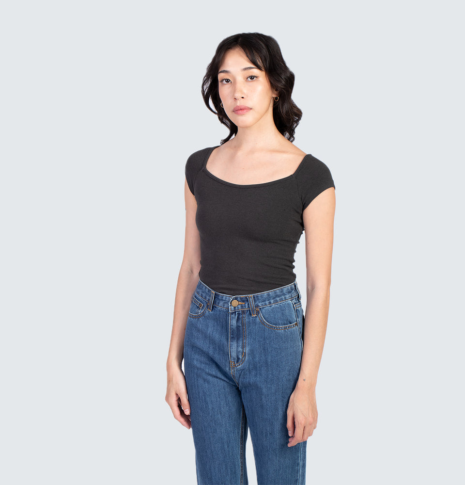 Square neck Short Sleeve Crop Top Dark Grey