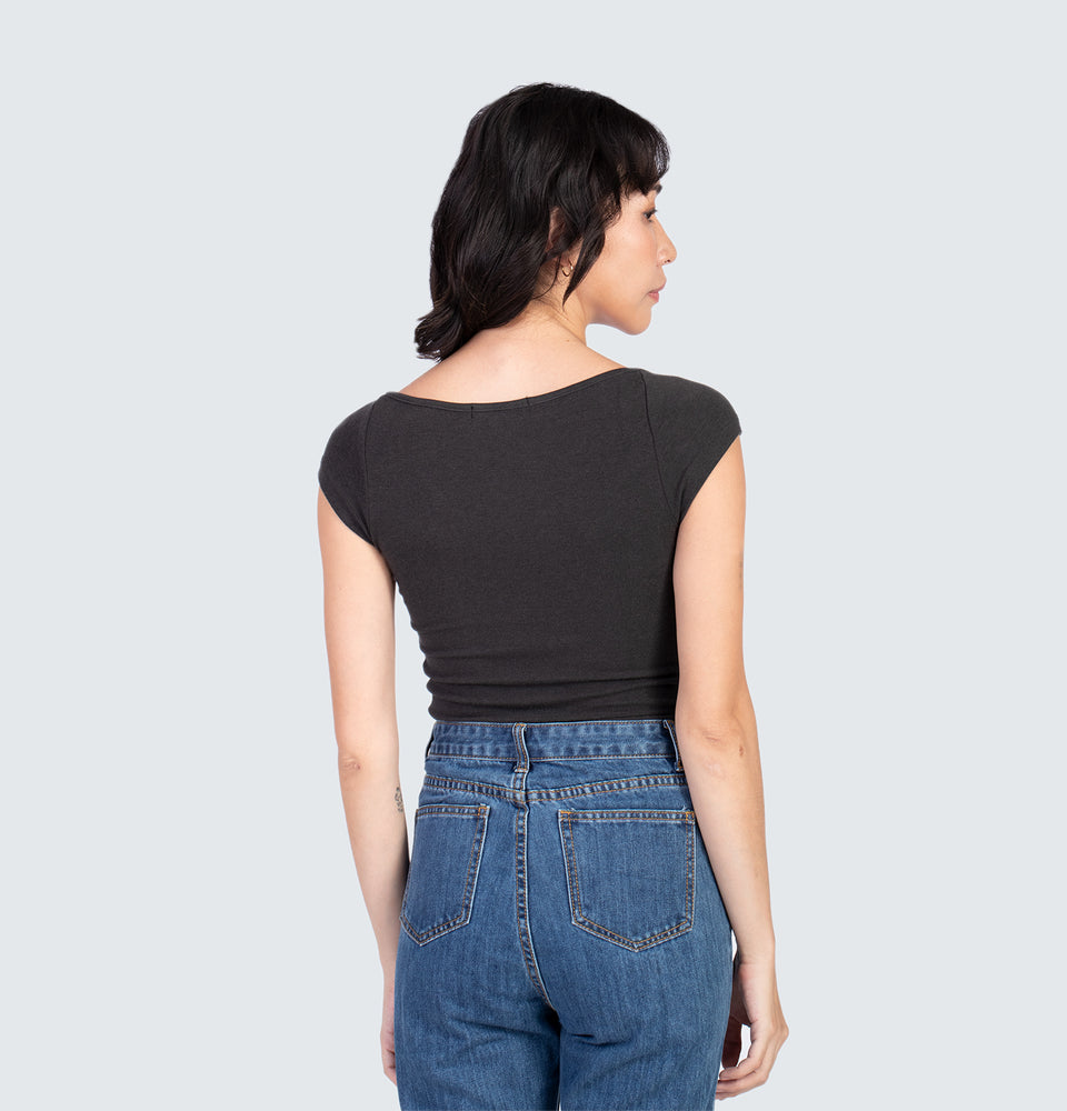 Square neck Short Sleeve Crop Top Dark Grey