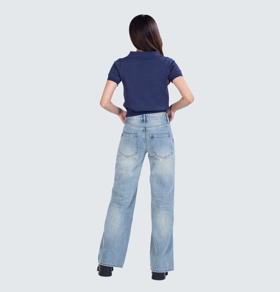 Navy Blue Knitted Polo Top