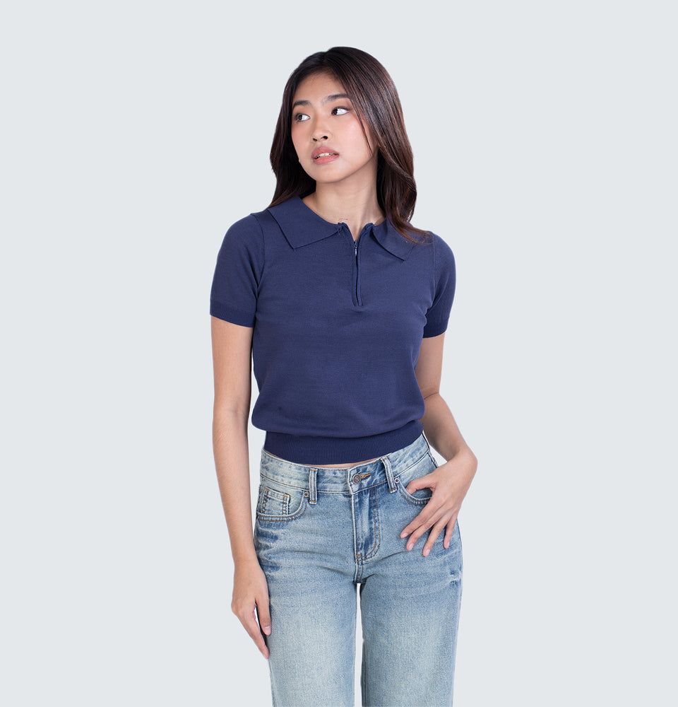 Navy Blue Knitted Polo Top