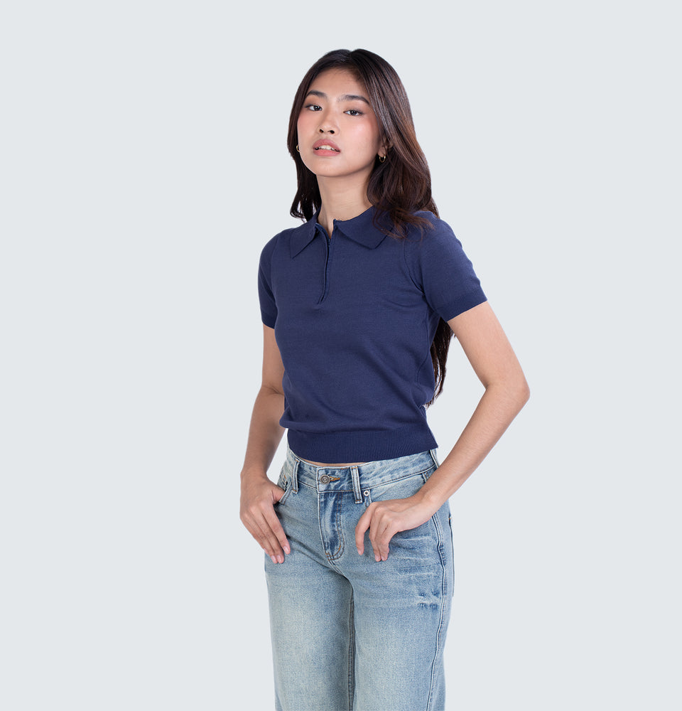 Navy Blue Knitted Polo Top