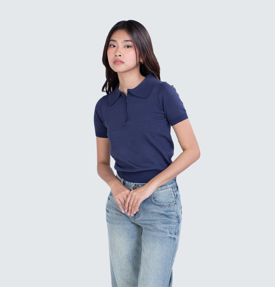 Navy Blue Knitted Polo Top
