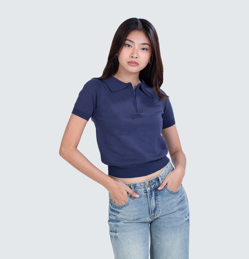 Navy Blue Knitted Polo Top