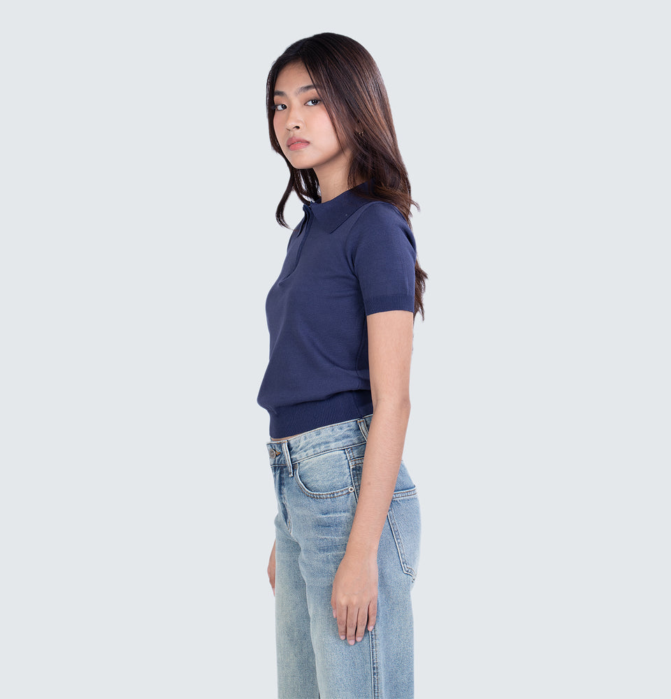 Navy Blue Knitted Polo Top