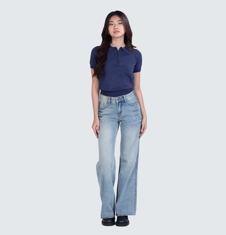 Navy Blue Knitted Polo Top