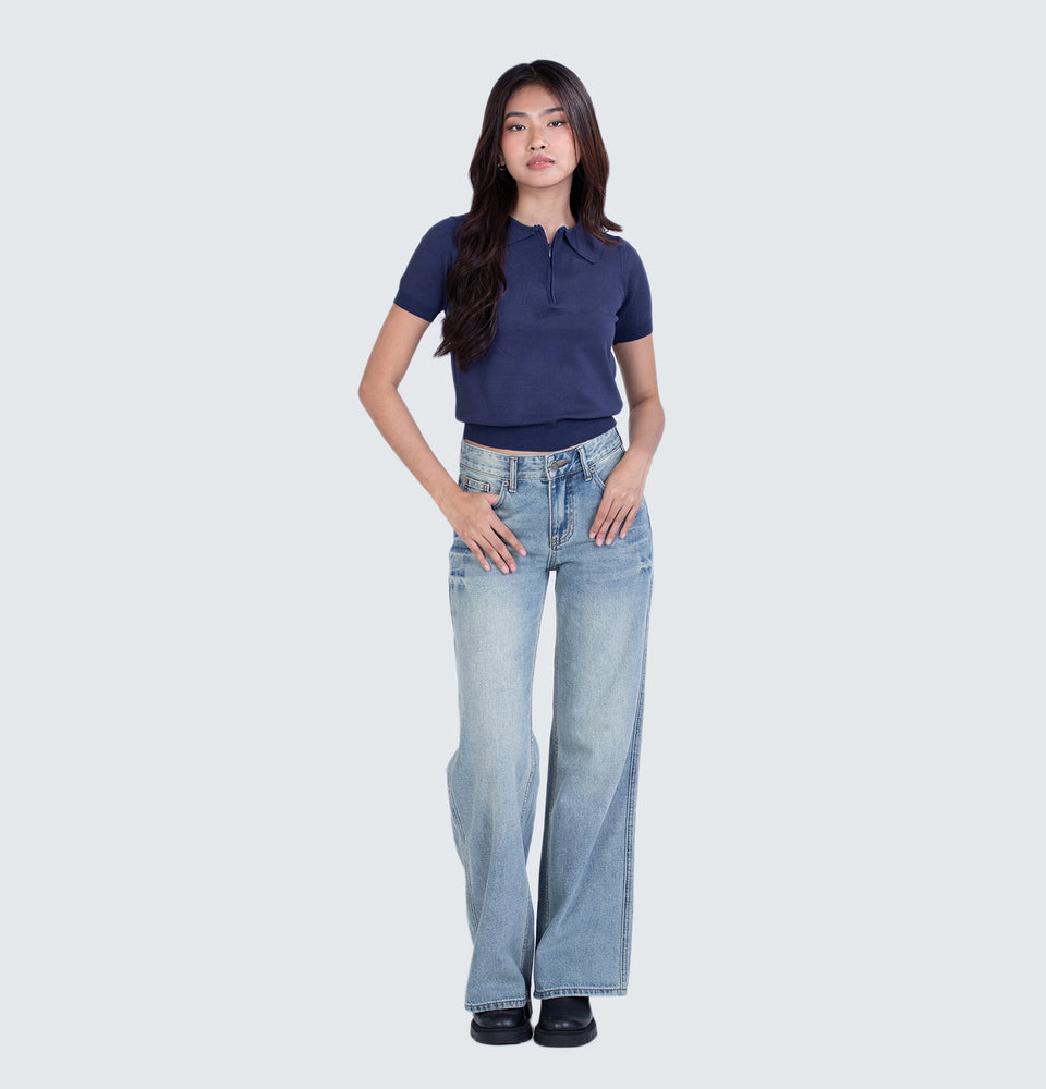 Navy Blue Knitted Polo Top