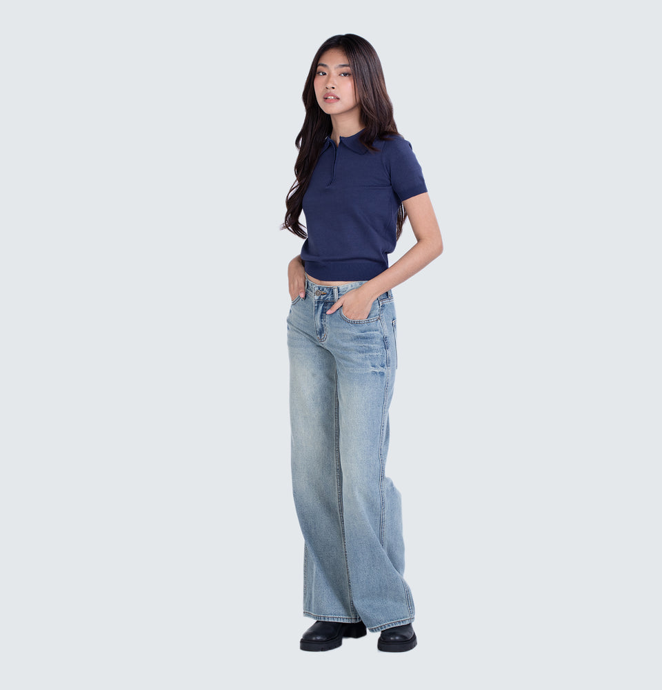 Navy Blue Knitted Polo Top