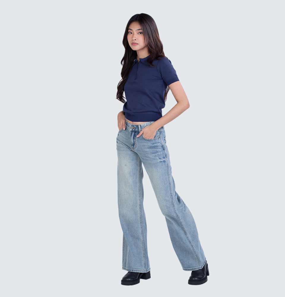 Navy Blue Knitted Polo Top