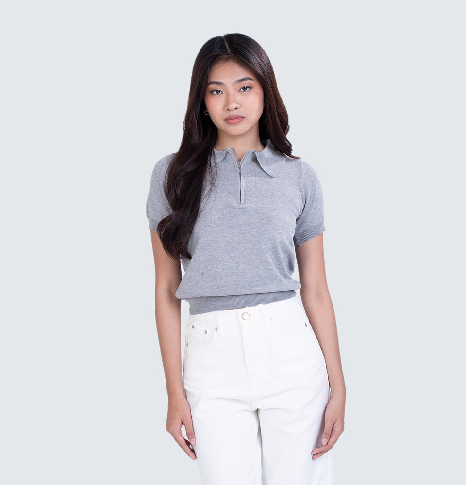 Gray Knitted Polo Top