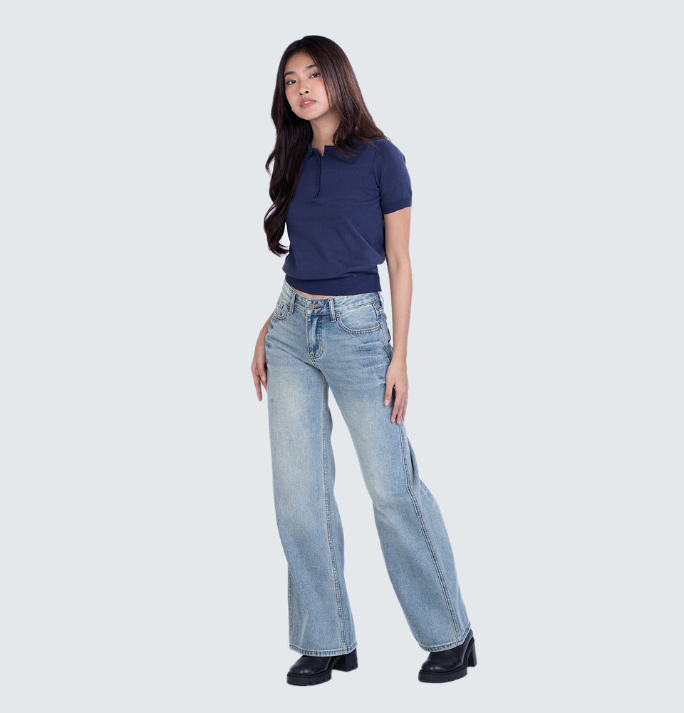 Navy Blue Knitted Polo Top