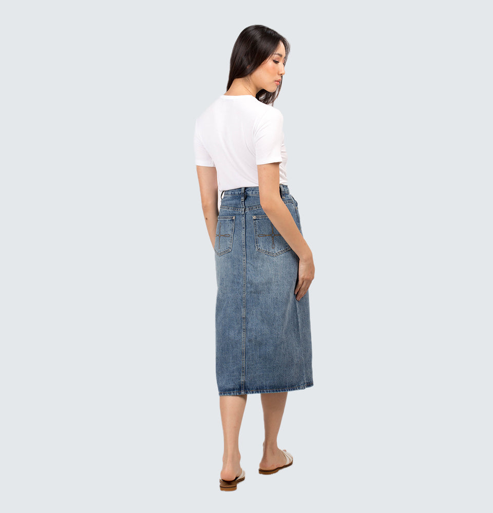 Zephy Denim Midi Skirt With Front Slit